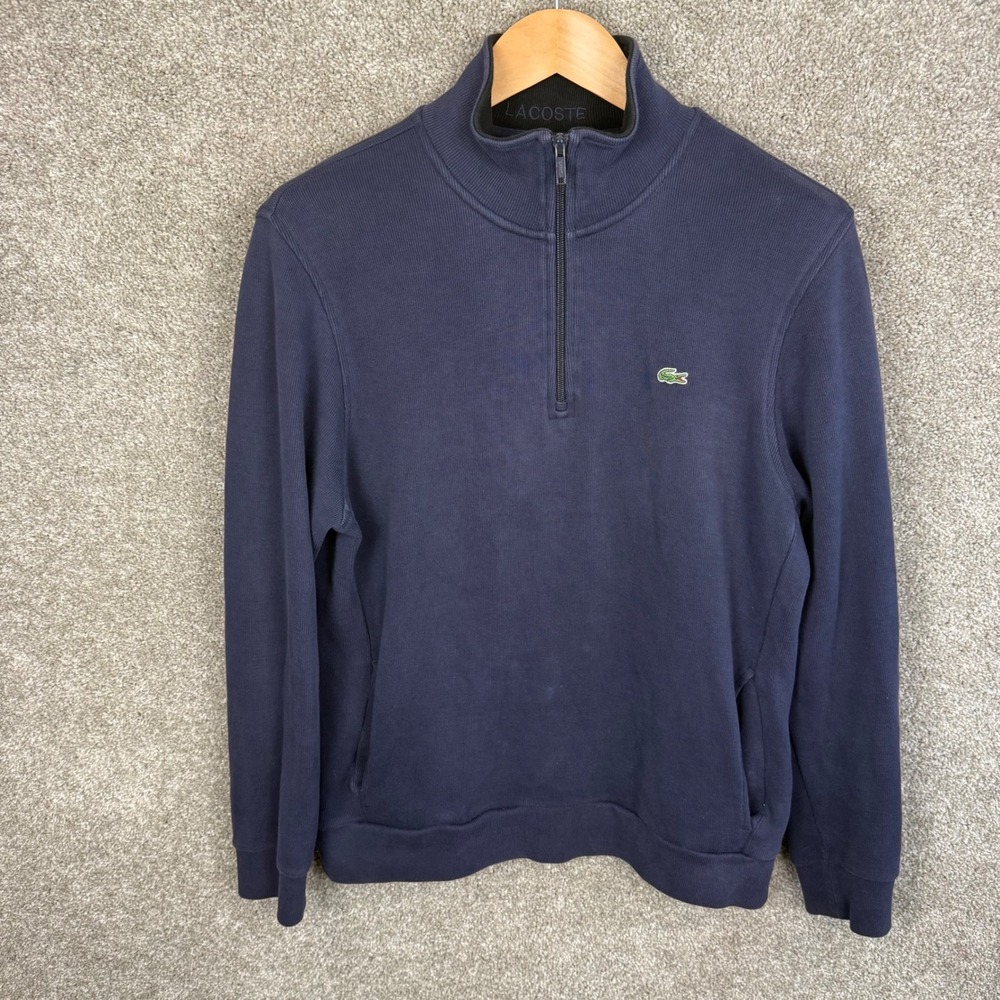 Lacoste Men Navy Blue Quarter Zip Pullover Sweatshirt Long‎ Sleeve Size US XL - Picture 4 of 8
